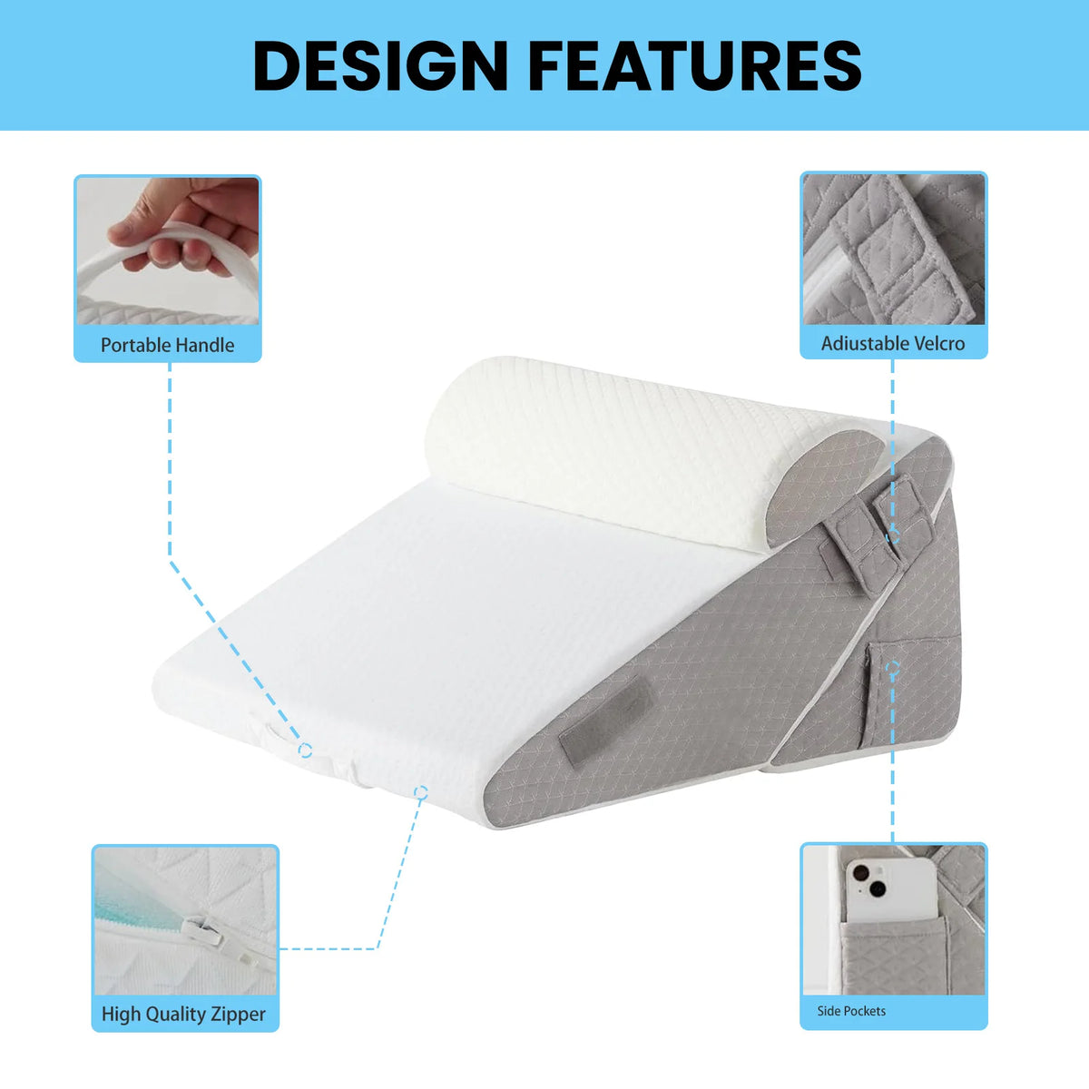Adjustable Memory Foam Bed Wedge Pillow with Headrest – Incline Support Cushion for Sleeping, Reading & Relaxation.