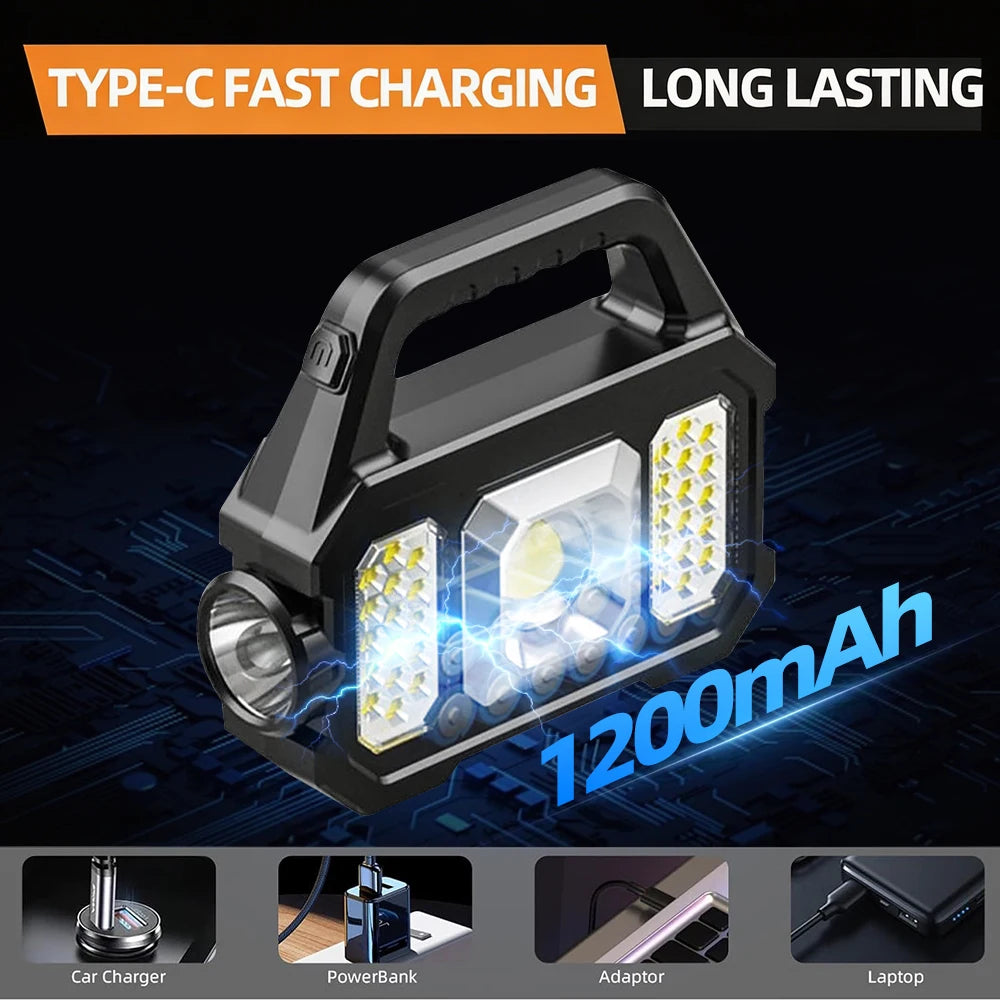 Solar Rechargeable LED Flashlight – COB Floodlight, Waterproof Tactical Torch with USB Charging.