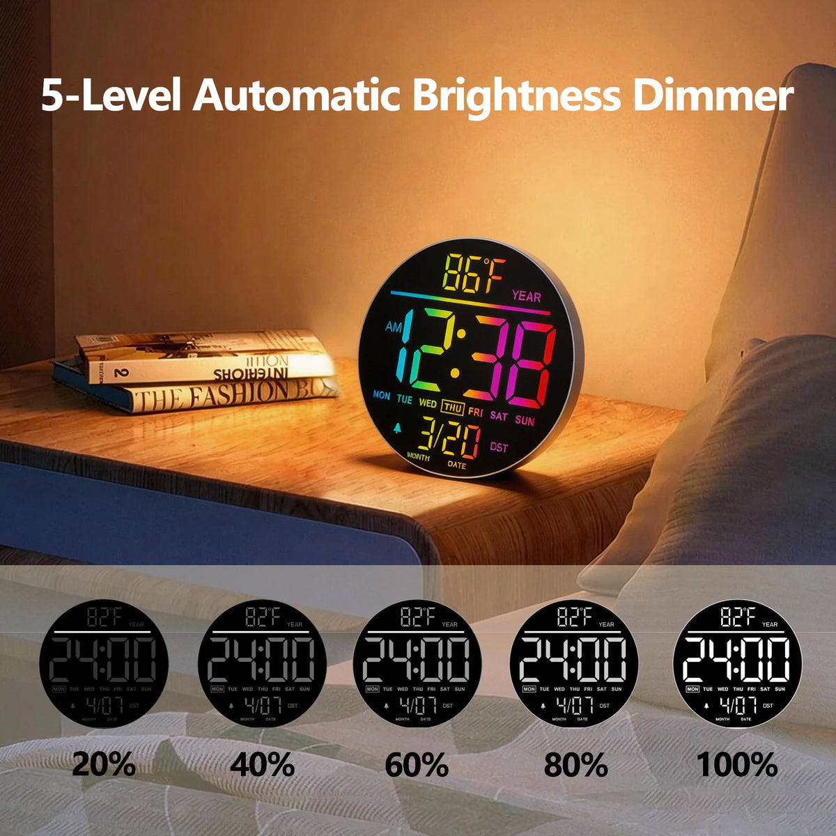 10-Inch RGB Digital Wall Clock – 11-Colour Modes, Remote Control, Dual Alarm, Night Light, Temperature & Date Display.