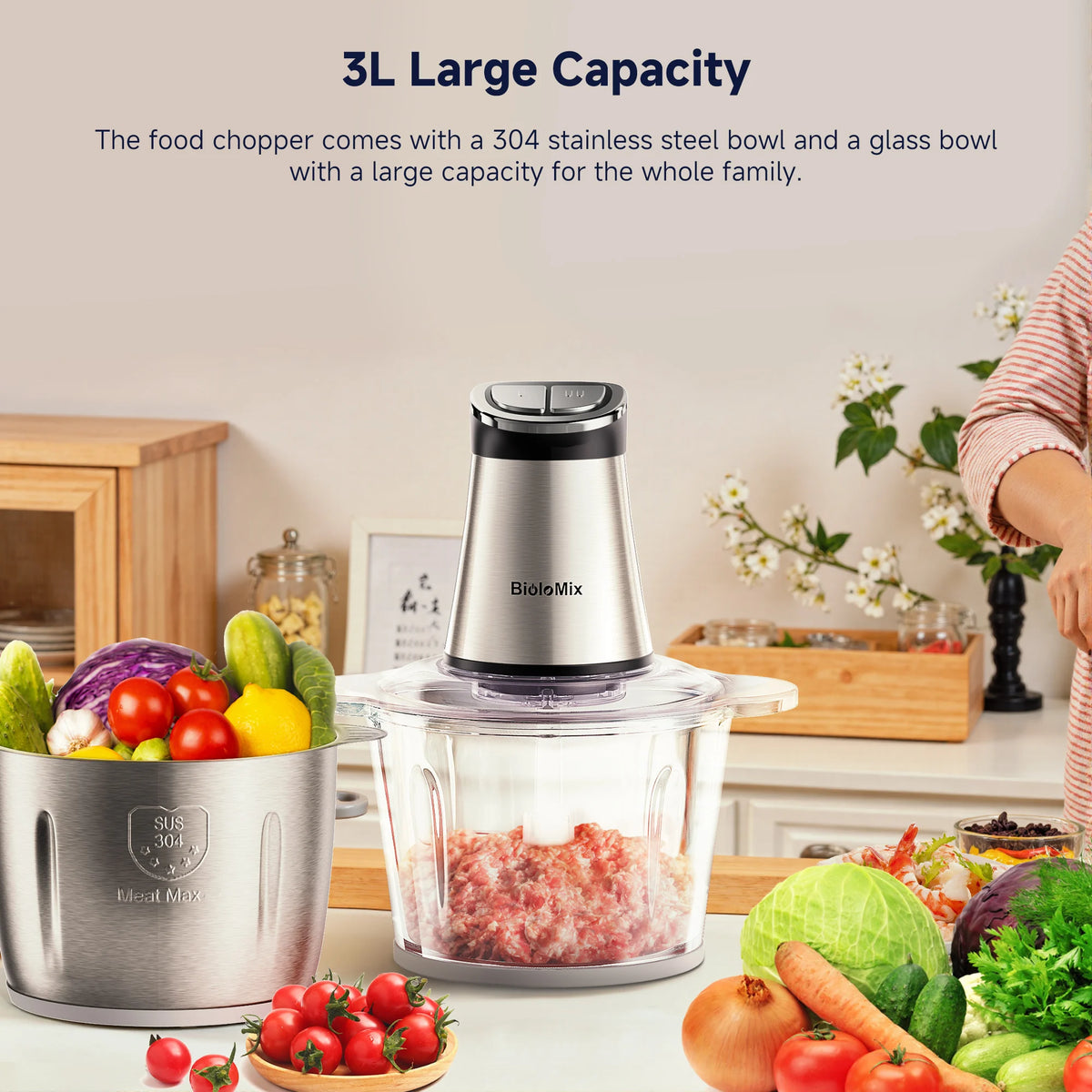 Mini Electric Food Chopper | 2-Bowl Food Processor with 4 Bi-Level Blades for Meat, Vegetables, Onions & Baby Food