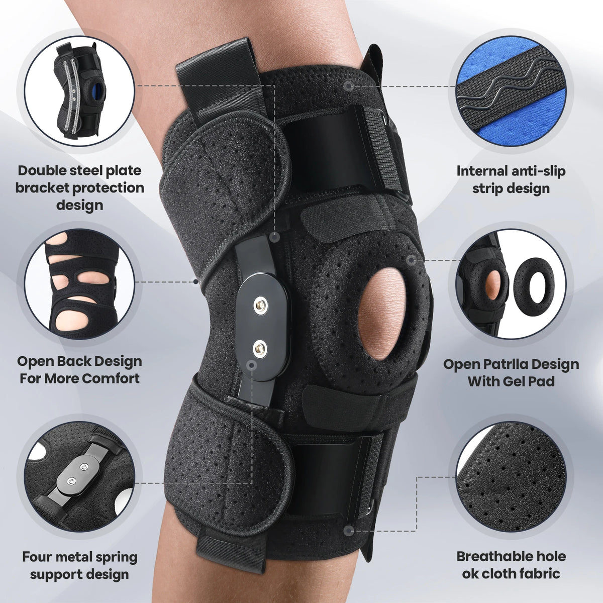 Hinged Knee Brace with Side Stabilisers & Patella Gel Pads.