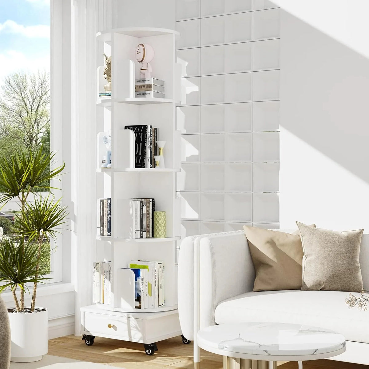 4-Tier Rotating Wooden Bookshelf with Drawer & Wheels – Movable Corner Storage Rack for Home, Study & Bedroom.