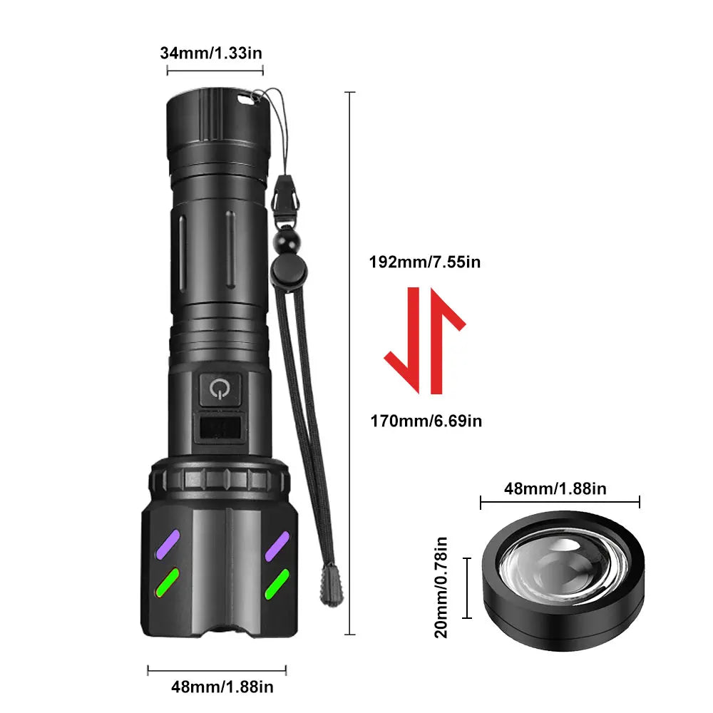 Zoomable Tactical LED Flashlight – USB Rechargeable Torch with Focused Beam, Laser Pointer & Outdoor Light.