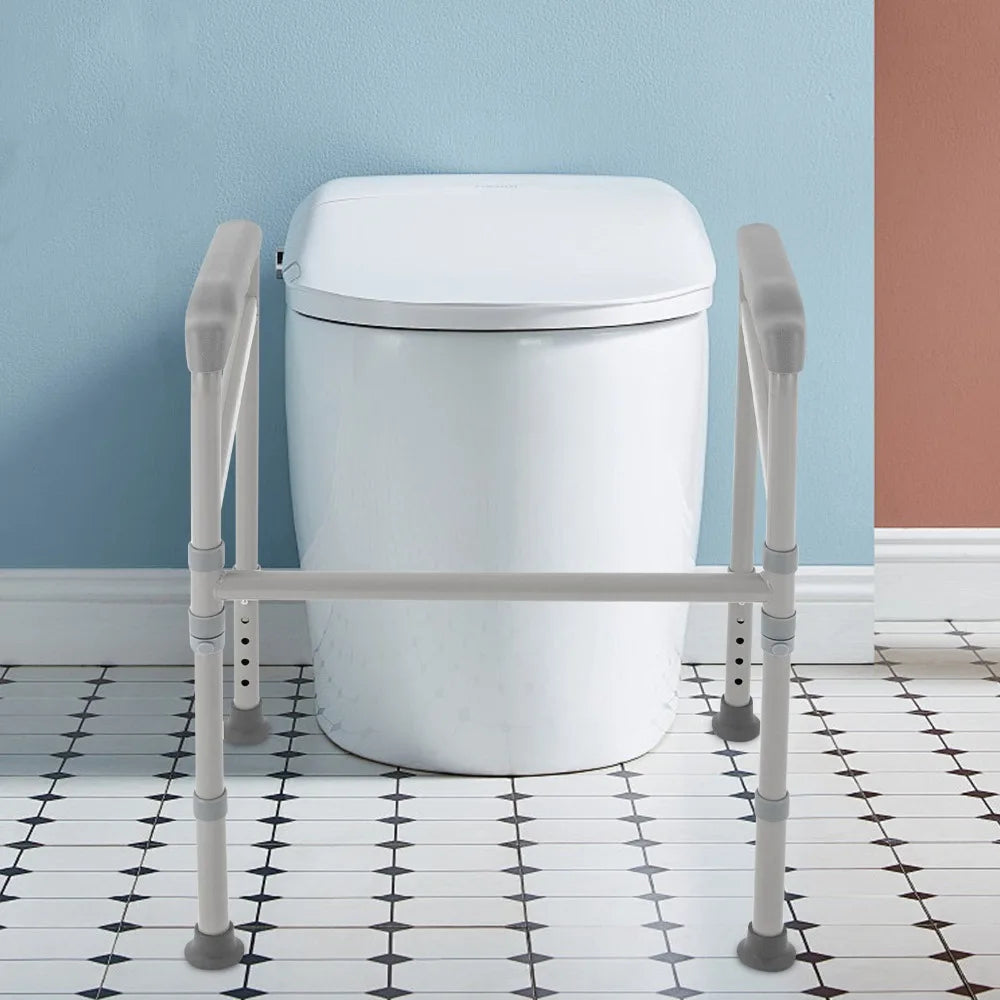 Toilet Support Frame with Grab Bars – Adjustable Height Steel Bathroom Safety Rail with Non-Slip Grip..
