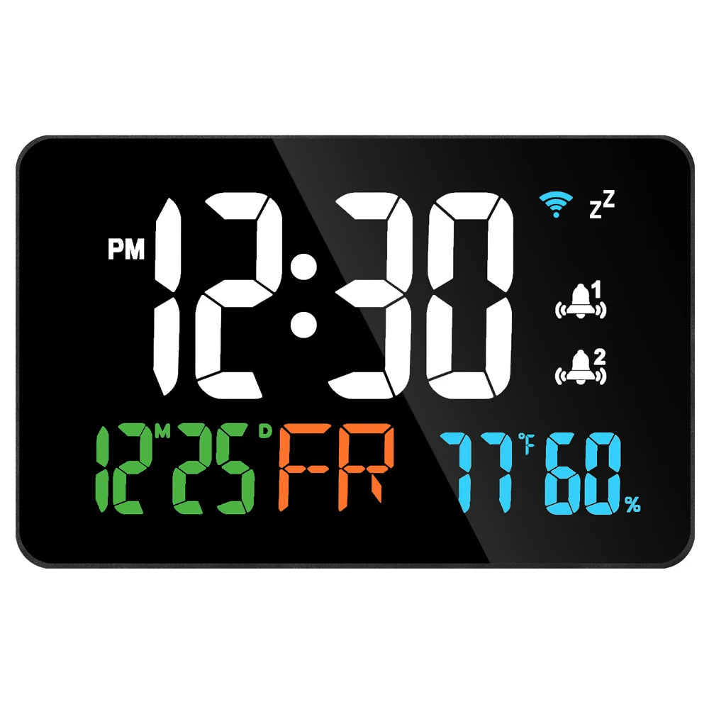 Smart WiFi Desktop Clock – Digital LED Calendar, Thermometer & Hygrometer with Auto-Calibration.