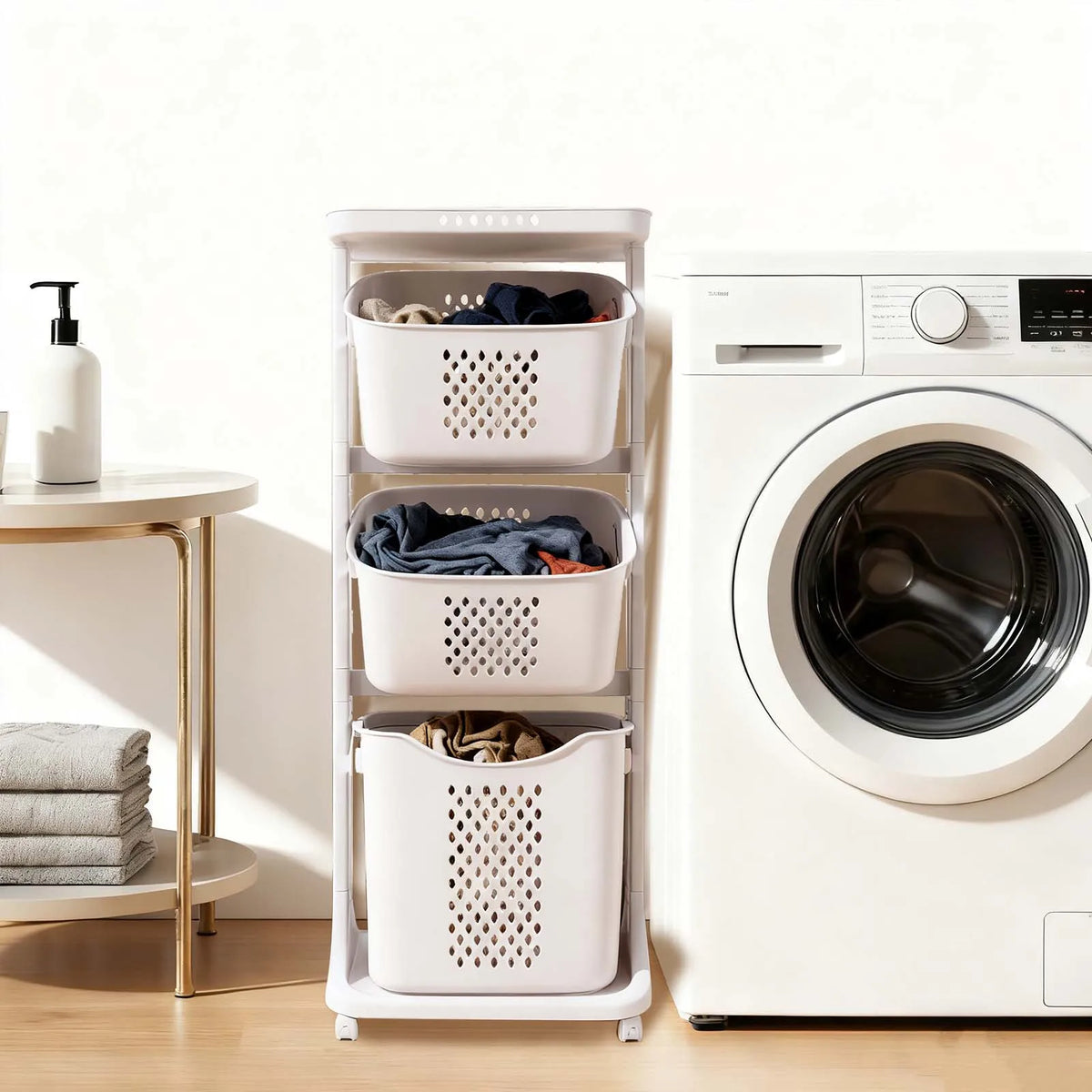 3-Tier Laundry Basket with Wheels – Rolling Laundry Hamper Cart with Carry Handles for Bedroom, Dorm & Laundry Room.