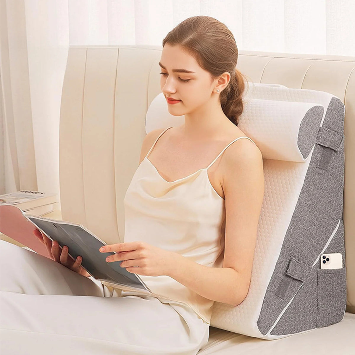 Adjustable Memory Foam Bed Wedge Pillow with Headrest – Incline Support Cushion for Sleeping, Reading & Relaxation.
