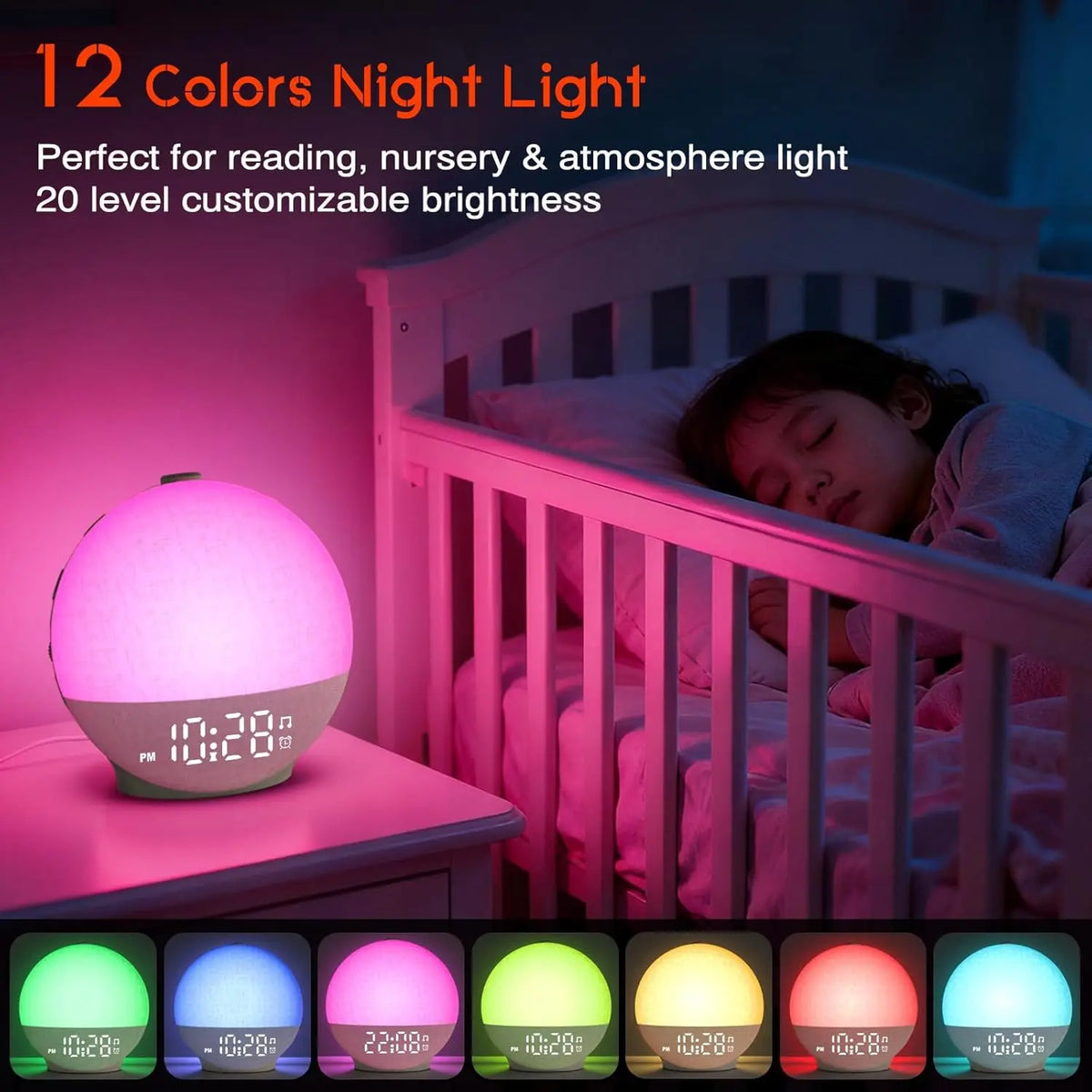 Sunrise Wake-Up Light & Night Lamp – Dimmable Alarm Clock with White Noise, 30 Soothing Sounds & 12-Colour Night Light.