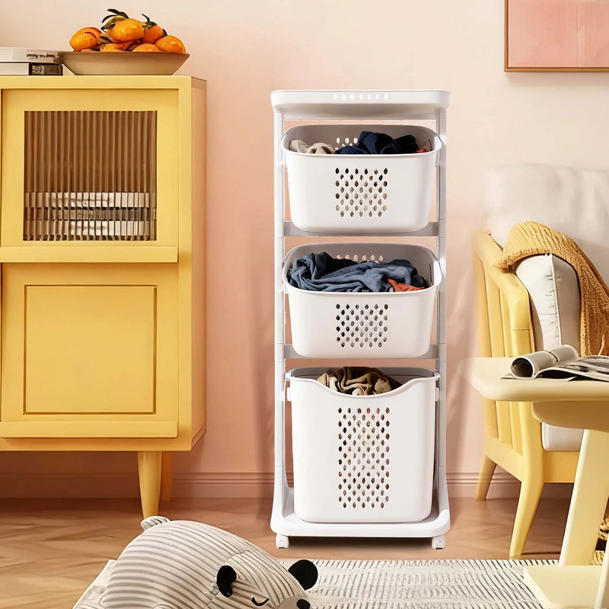 3-Tier Laundry Basket with Wheels – Rolling Laundry Hamper Cart with Carry Handles for Bedroom, Dorm & Laundry Room.