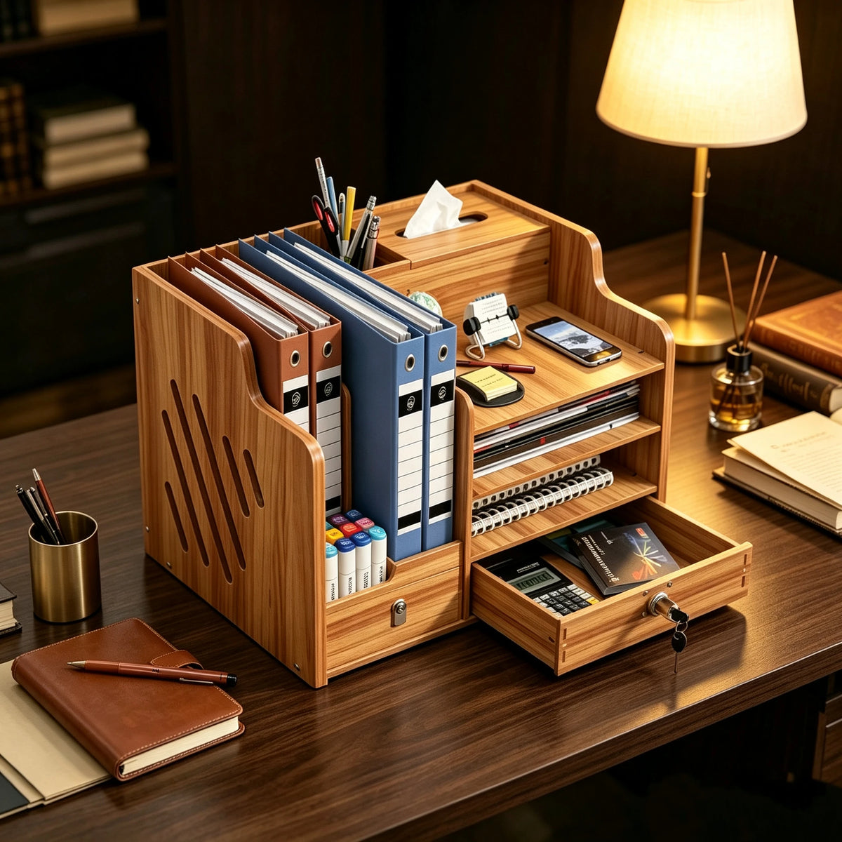 Cherry Wood Multi-Layer Desk Organizer with Lock – Desktop Storage Box.