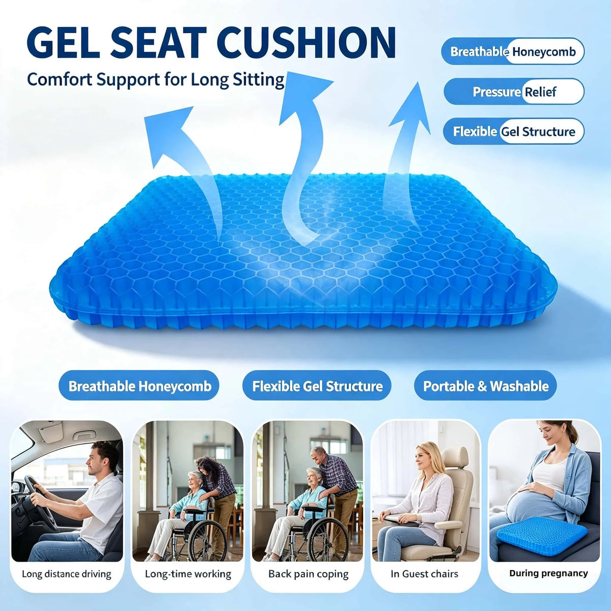Premium Honeycomb Gel Seat Cushion – Ergonomic Cooling Pressure-Relief Pad.