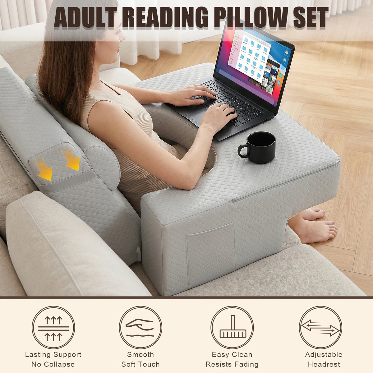 Ergonomic Back Support Pillow with Armrests & Pockets – Full-Body Reading Cushion for Bed, Sofa & Floor.