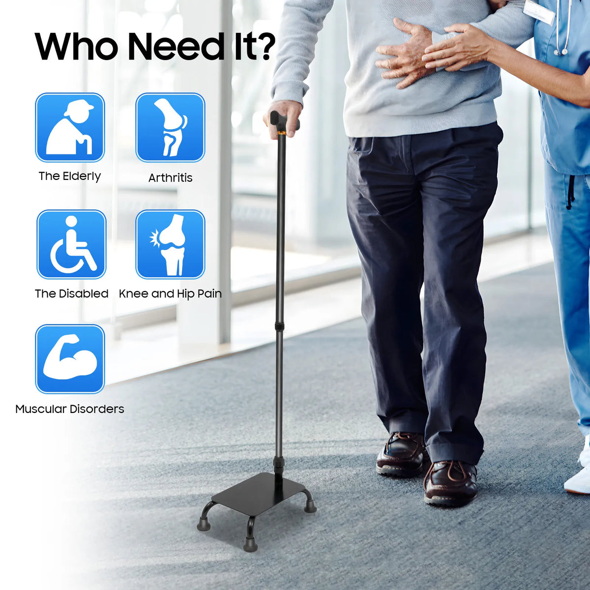2-in-1 Stair Climbing Walking Cane – 10-Level Adjustable Height with 4-Leg Stability for Seniors.
