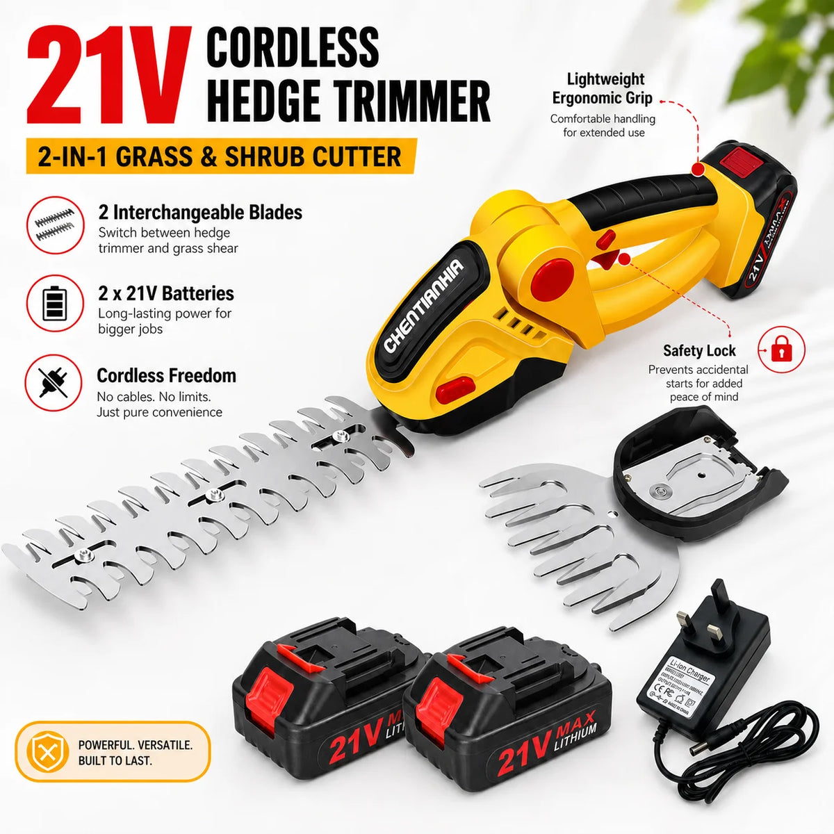 21V Cordless 2-in-1 Hedge Trimmer – Grass Shear & Shrub Cutter with 2 Batteries.