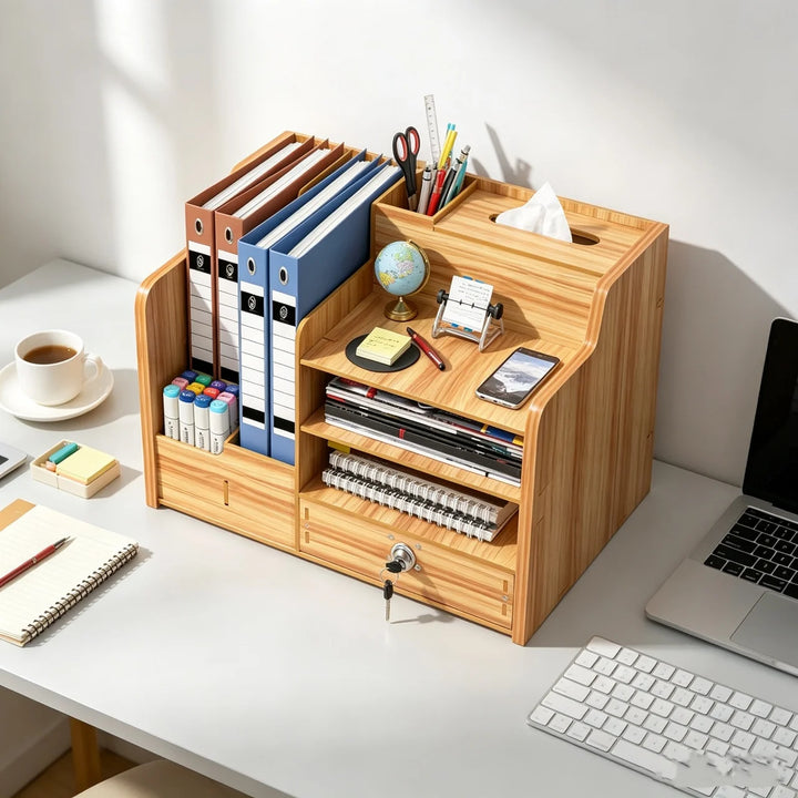 Cherry Wood Multi-Layer Desk Organizer with Lock – Desktop Storage Box.
