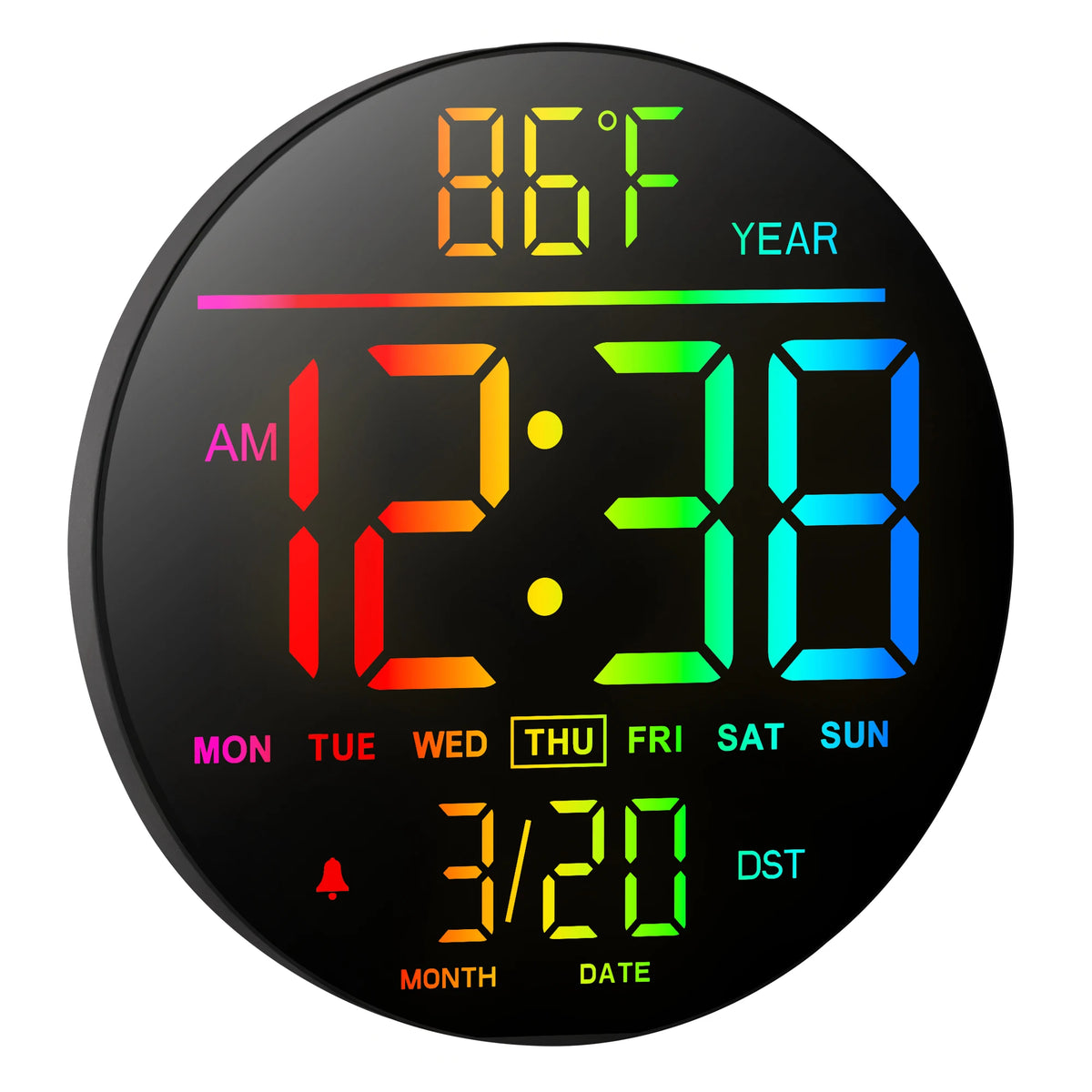 10-Inch RGB Digital Wall Clock – 11-Colour Modes, Remote Control, Dual Alarm, Night Light, Temperature & Date Display.