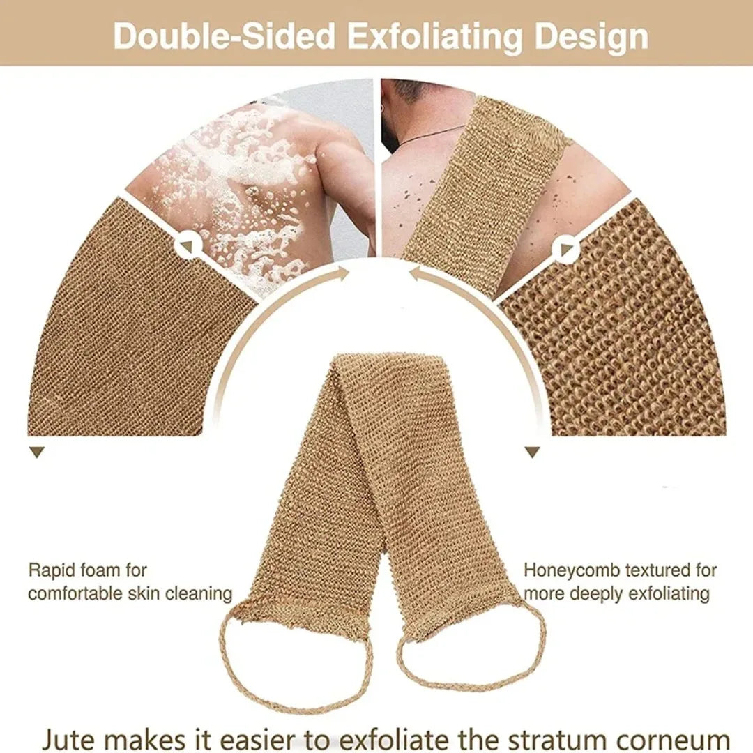Hemp Back Scrubber Bath Towel with Gloves – Jute Exfoliating Loofah Back Strap Shower & Body Cleaning Kit.