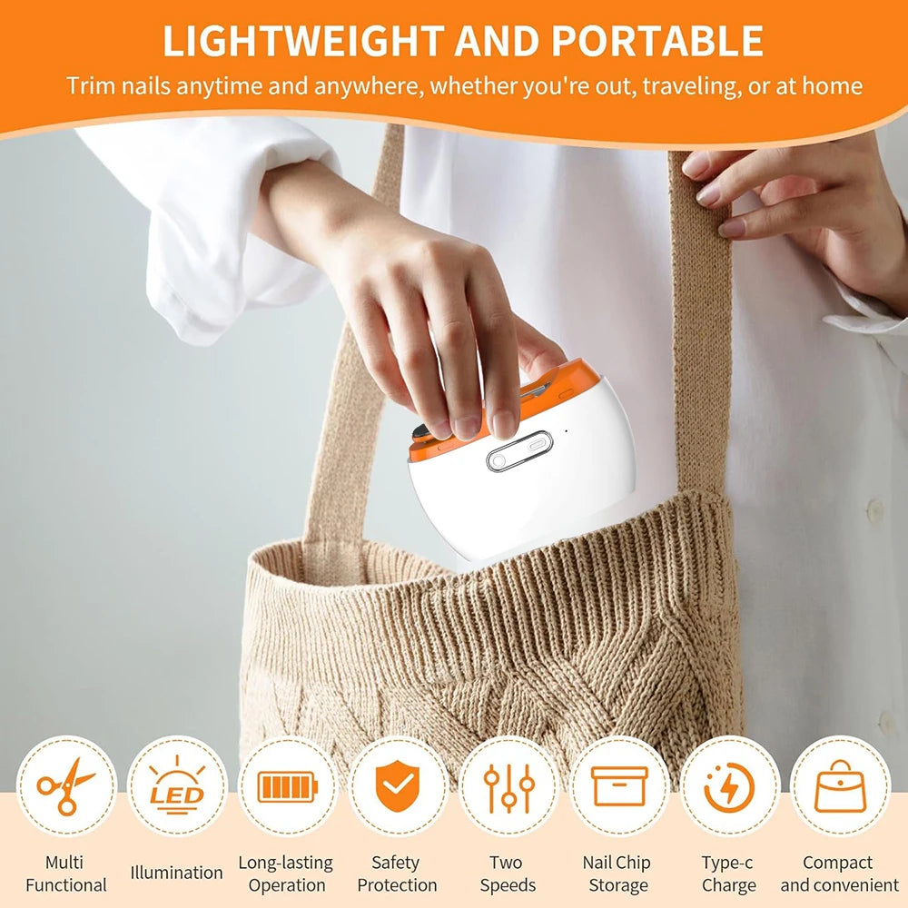 2-in-1 Automatic Electric Nail Clipper – Nail Trimmer & Grinder with LED Light, USB Rechargeable Nail Polisher.