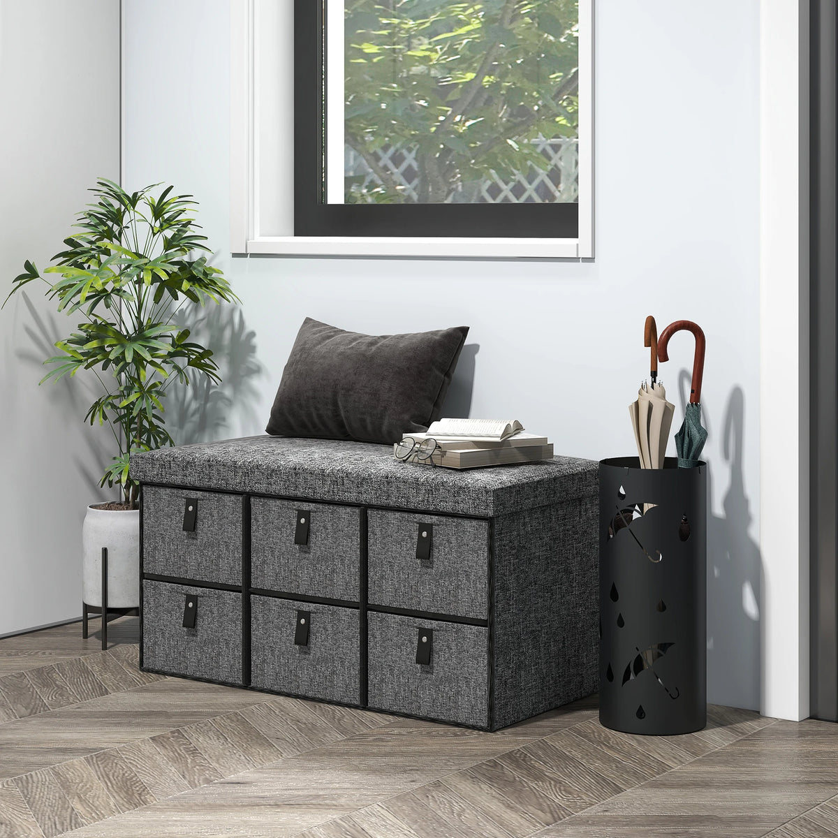 Shoe Storage Bench with Padded Seat & Fabric Drawers – Dark Grey.