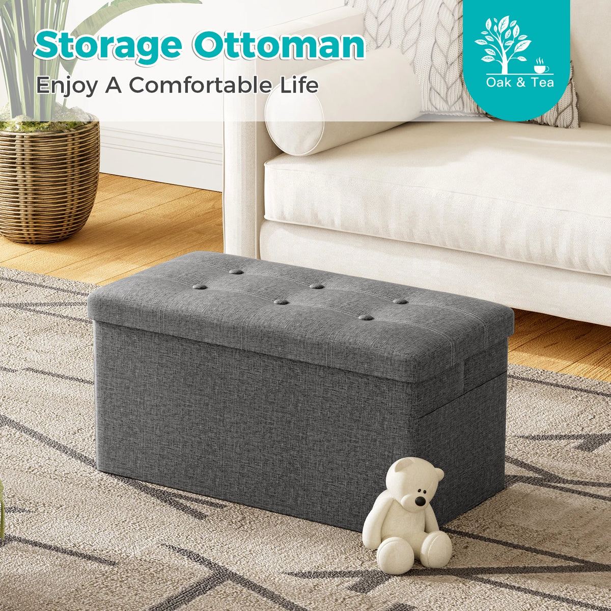 Folding Storage Ottoman Bench – 150kg Capacity, Hidden Storage & Padded Seat, 76 × 38 × 38cm.