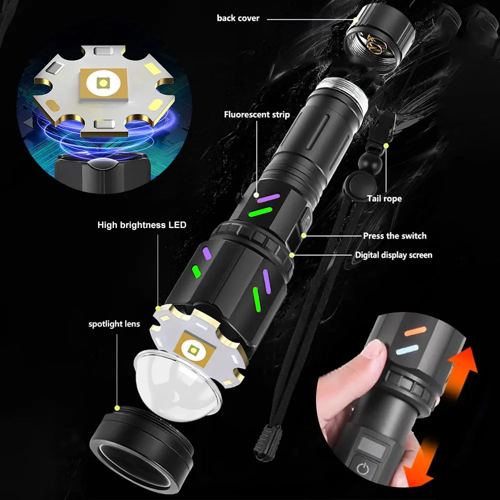 Zoomable Tactical LED Flashlight – USB Rechargeable Torch with Focused Beam, Laser Pointer & Outdoor Light.