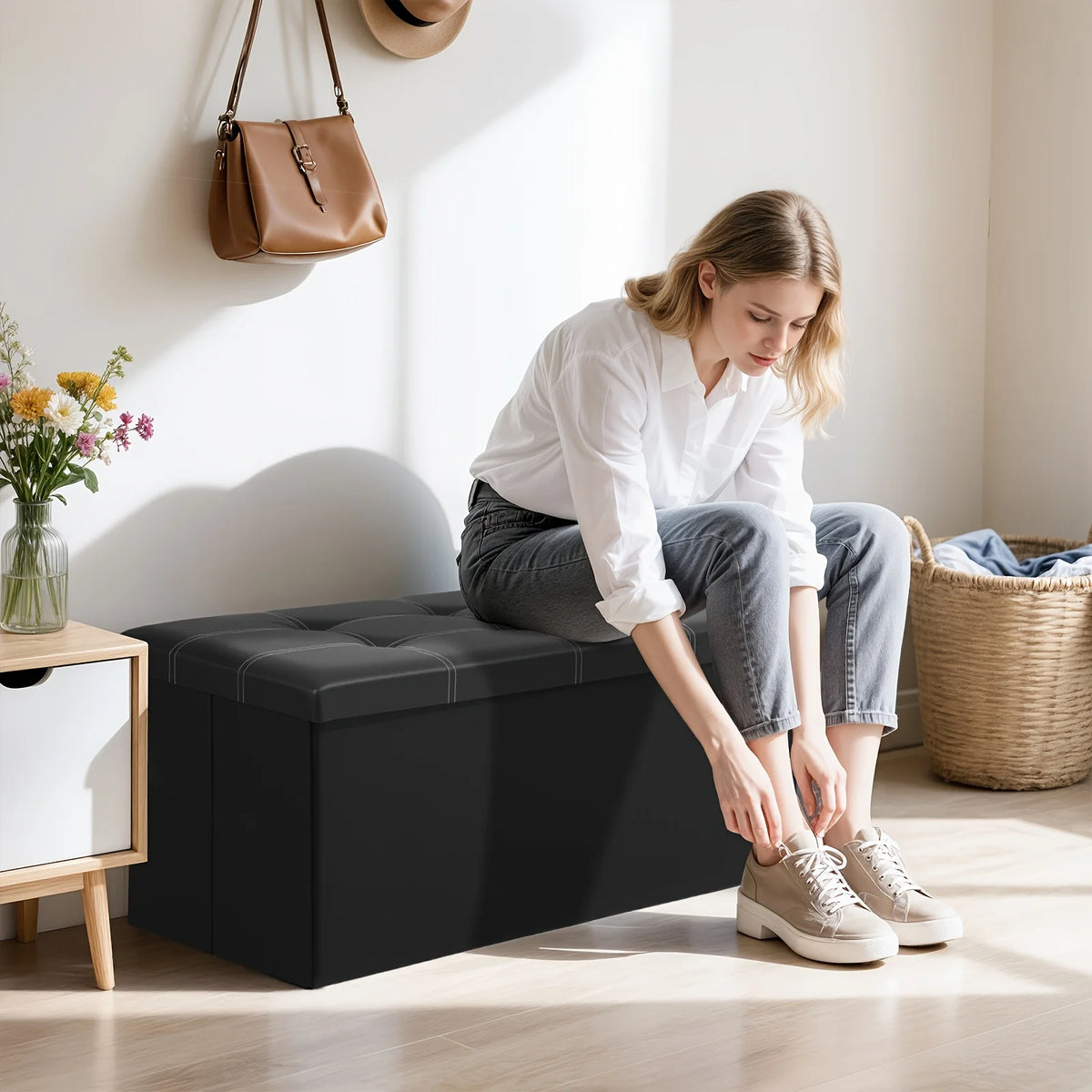 30-Inch Folding Storage Ottoman Bench – Faux Leather Padded Seat & Storage Chest.