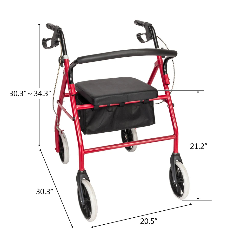 Foldable Rollator Walker with Seat – Height Adjustable 8" Wheels, Brakes & Storage Bag.