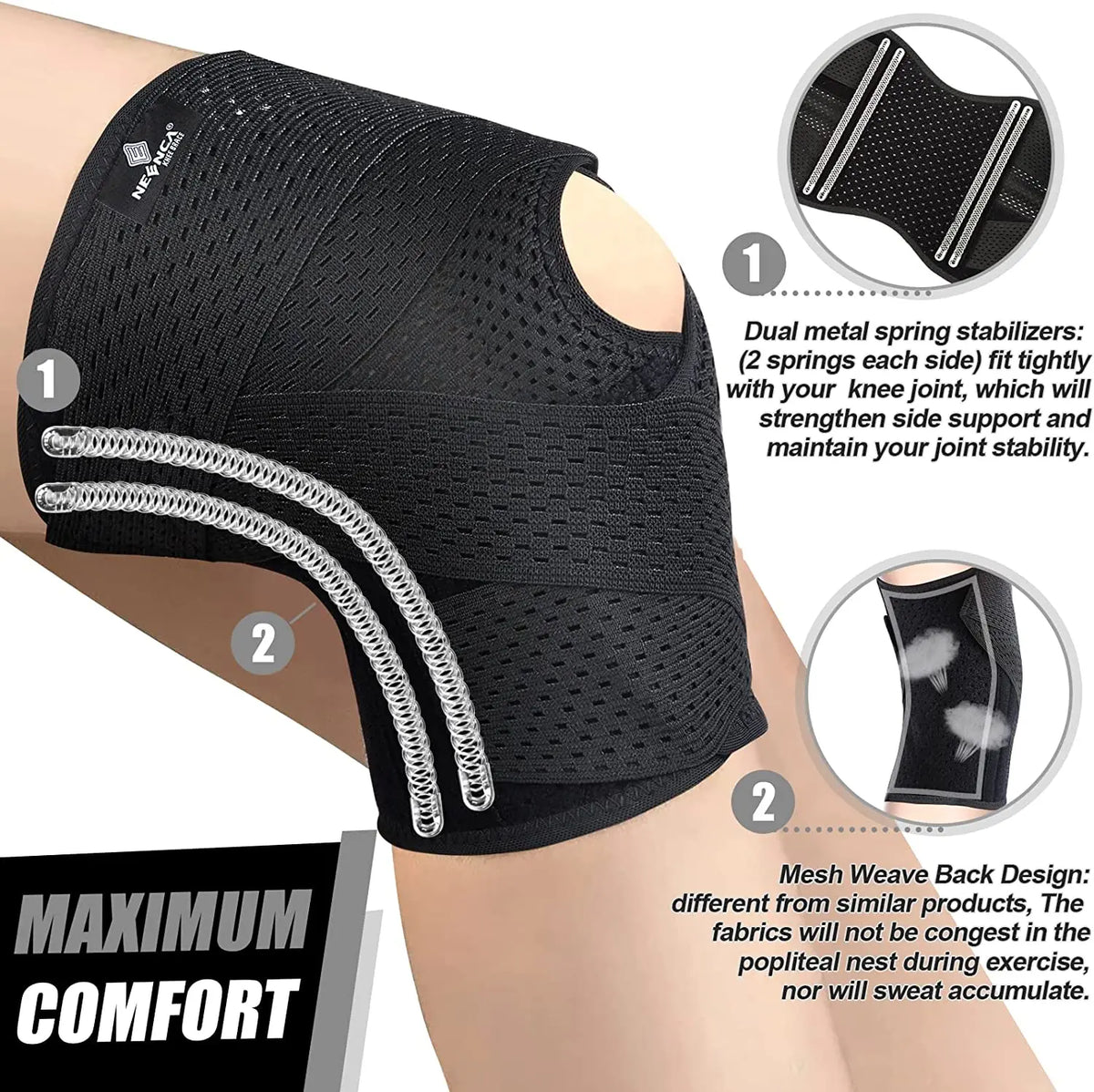 Knee Compression Support Brace with Side Stabilizers & Breathable Air-Mesh Fabric