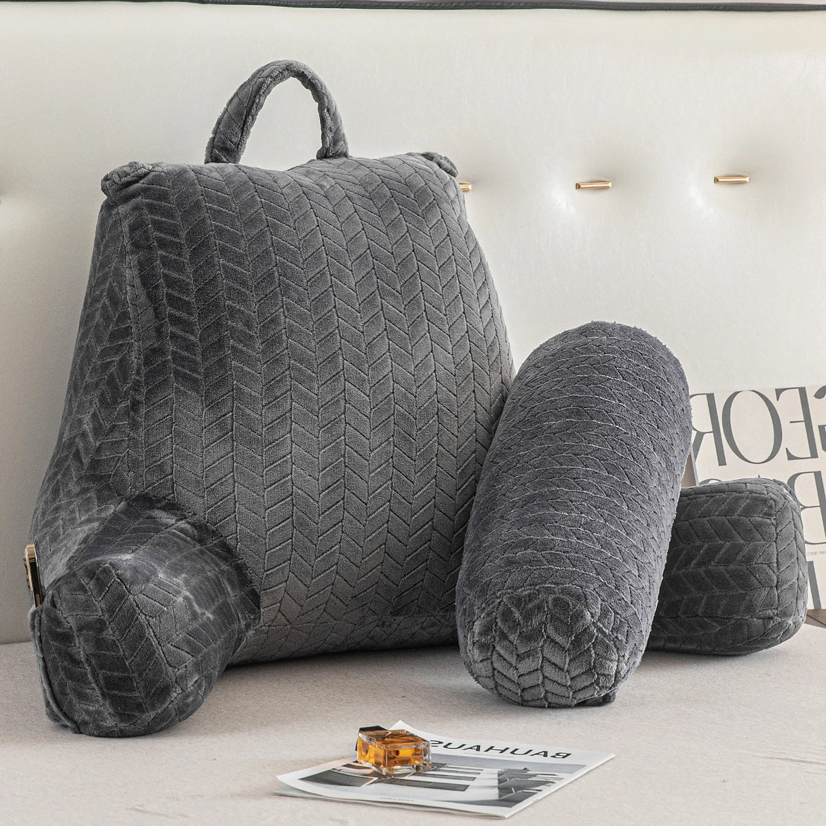 Adult Reading Pillow with Arms & Pockets – Ergonomic Backrest Cushion for Bed, Sofa & Lounging.