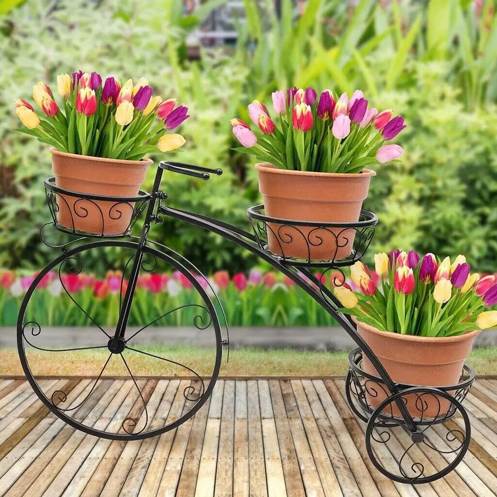 3-Tier Bicycle-Shaped Plant Stand – Iron Garden Flower Rack for Indoor & Outdoor Décor.
