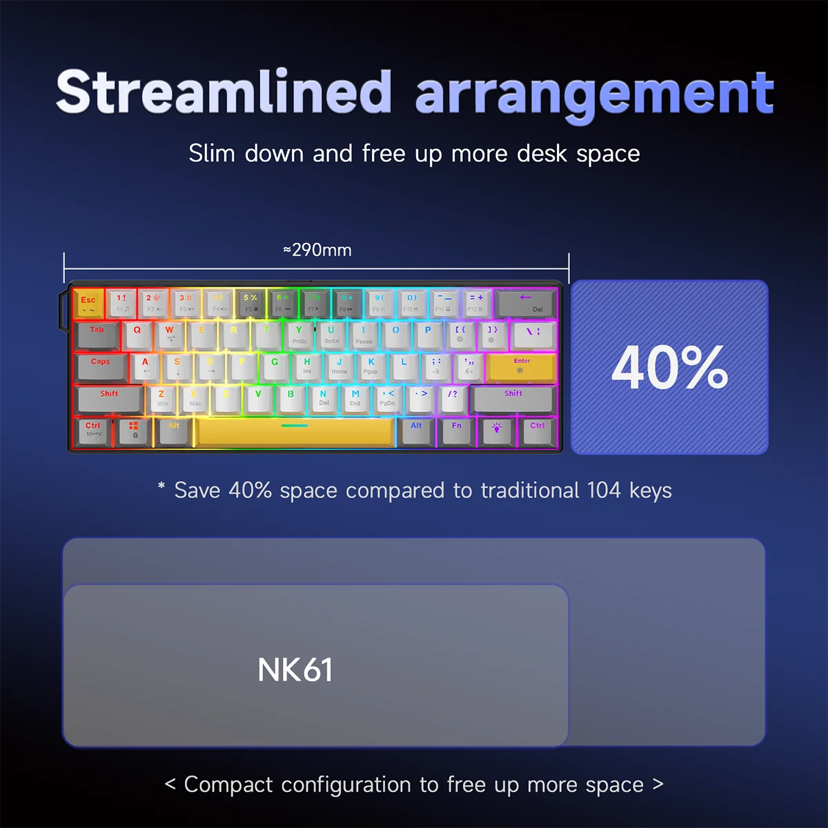 61-Key Wired Mechanical Gaming Keyboard – Red Switches, Compact Layout, Plug & Play.