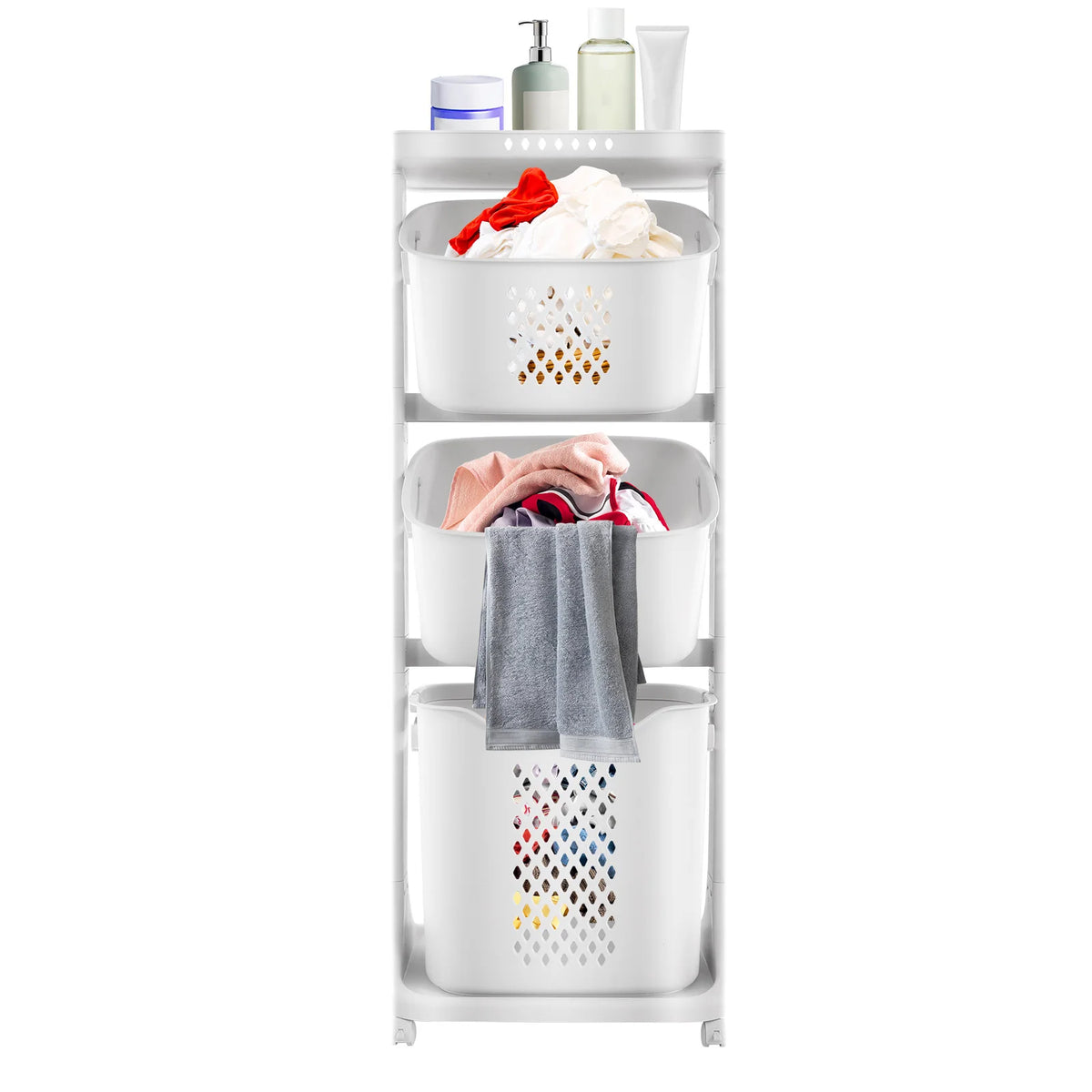 3-Tier Laundry Basket with Wheels – Rolling Laundry Hamper Cart with Carry Handles for Bedroom, Dorm & Laundry Room.