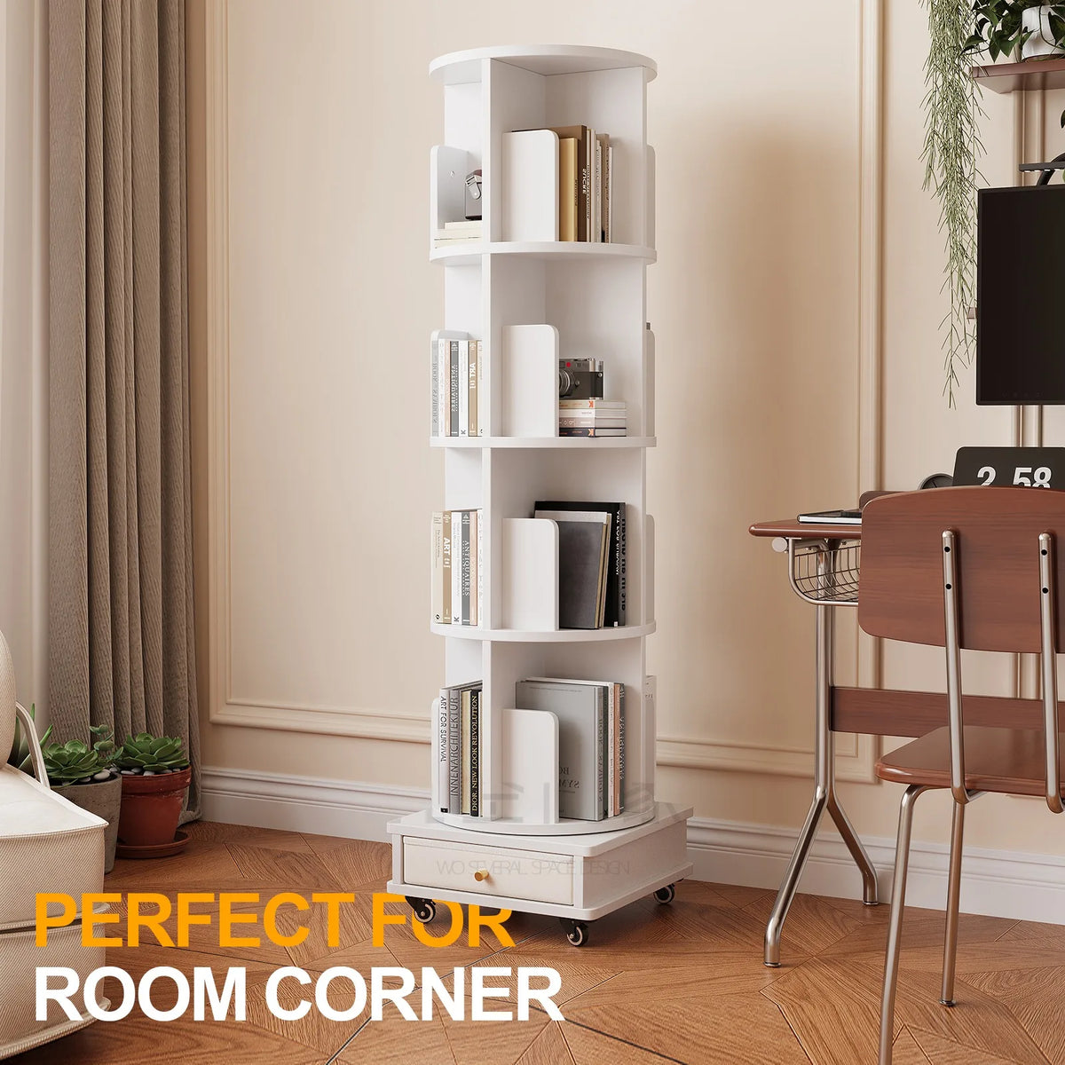 4-Tier Rotating Wooden Bookshelf with Drawer & Wheels – Movable Corner Storage Rack for Home, Study & Bedroom.