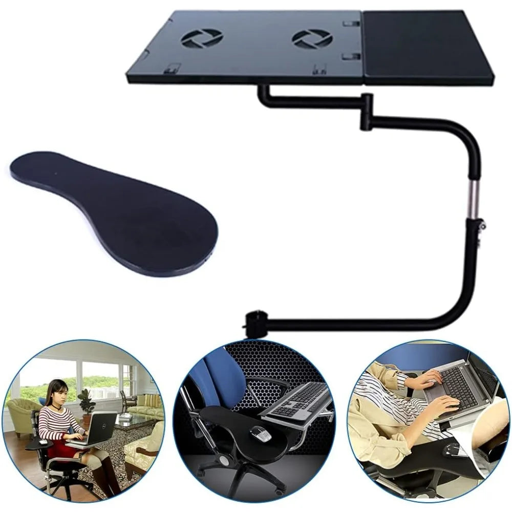 Chair-Mounted Keyboard & Laptop Holder with Mouse Pad, USB Fan & Wrist Support.