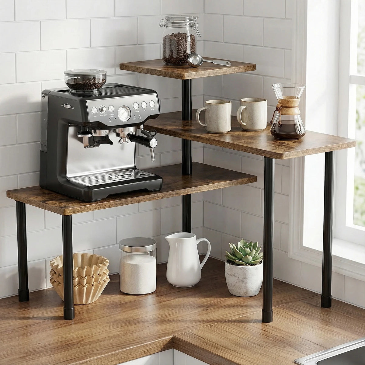 3-Tier Corner Shelf with Metal Frame – Space-Saving Countertop Organizer.