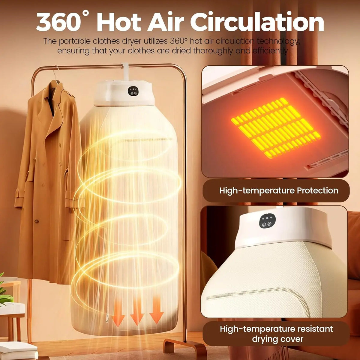 Portable Foldable Clothes Dryer – 360° Hot Air Circulation, PTC Fast Heating, 1–7H Timer, Overheat Protection & Low-Noise Large-Capacity Garment Dryer.