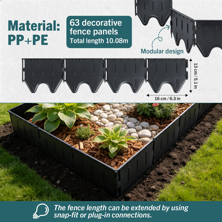 63-Piece Plastic Imitation Brick Garden Fence – Lawn & Flower Bed Edging Border.
