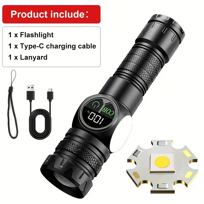 High-Power LED Flashlight – USB Rechargeable Tactical Torch with COB Side Light, Magnetic Base & Zoom.