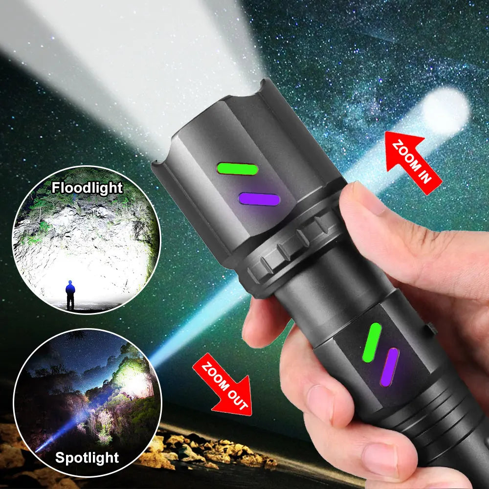 Zoomable Tactical LED Flashlight – USB Rechargeable Torch with Focused Beam, Laser Pointer & Outdoor Light.