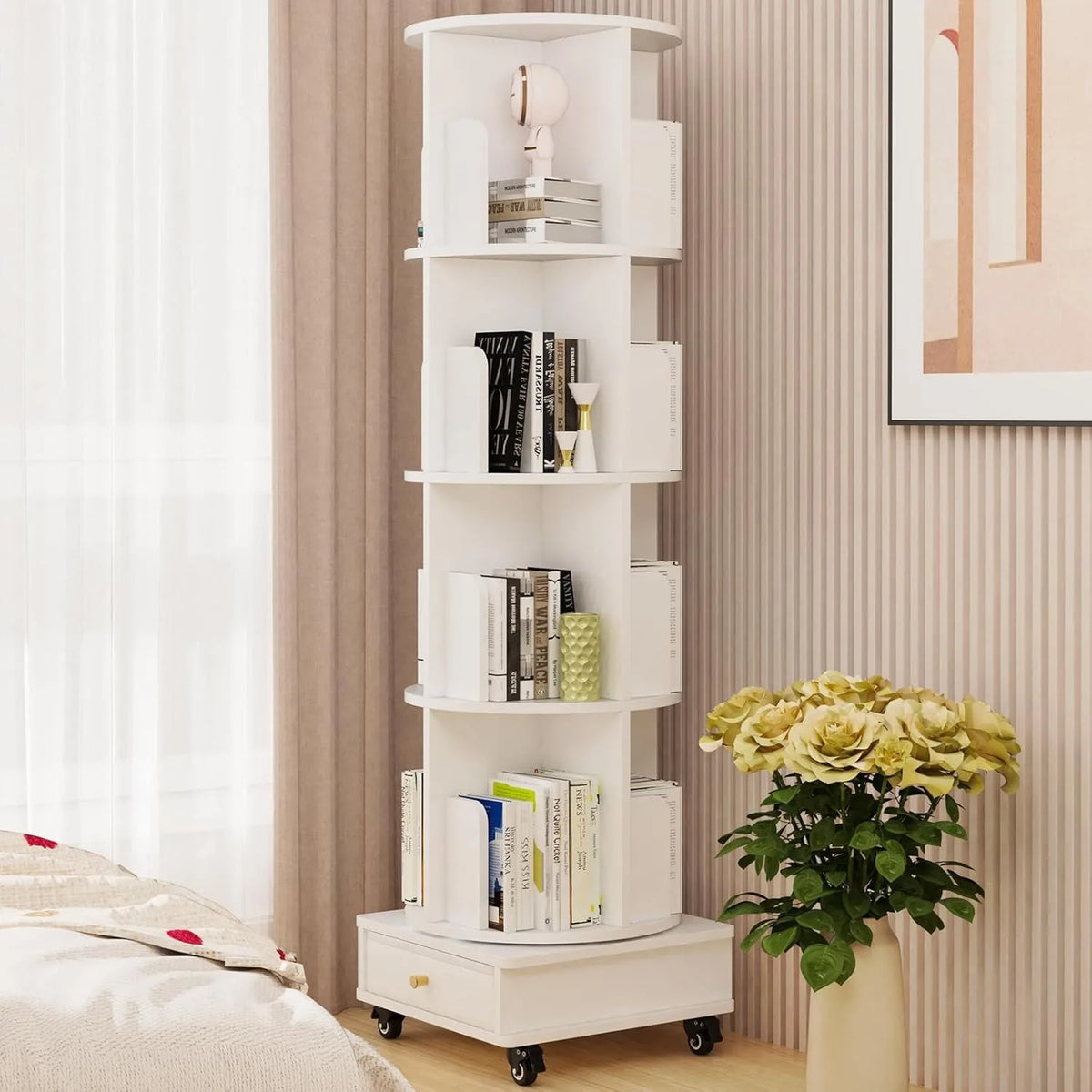 4-Tier Rotating Wooden Bookshelf with Drawer & Wheels – Movable Corner Storage Rack for Home, Study & Bedroom.