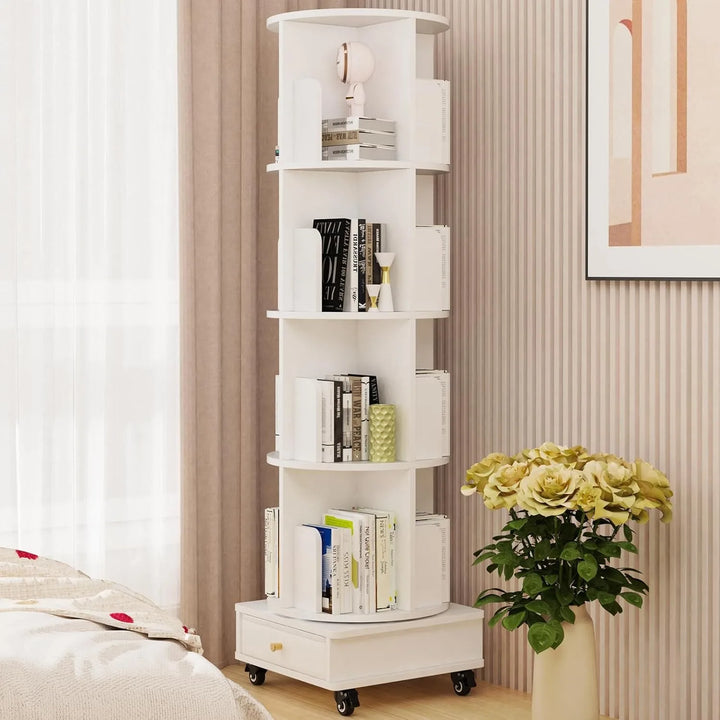 4-Tier Rotating Wooden Bookshelf with Drawer & Wheels – Movable Corner Storage Rack for Home, Study & Bedroom.