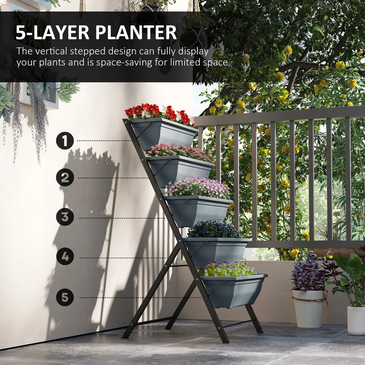 5-Tier Raised Garden Bed, Vertical Ladder Plant Stand with 5 Removable Boxes, Grey