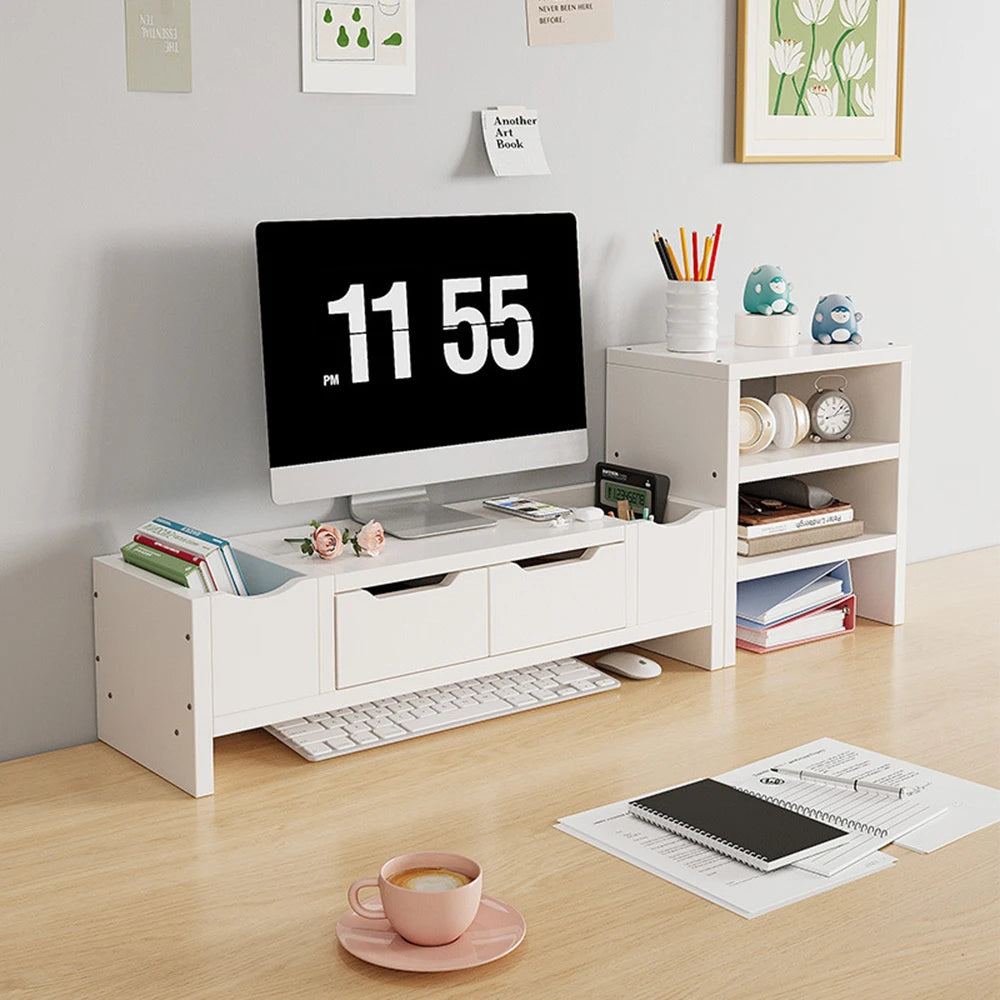 White Monitor Stand Riser with Drawers & Side Storage – Desktop Organizer & Laptop Support Shelf.