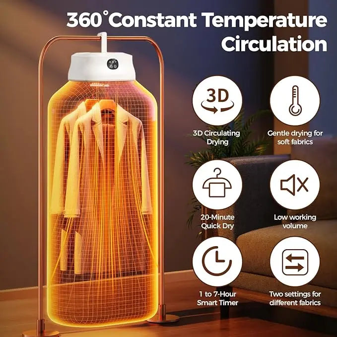 Portable Foldable Clothes Dryer – 360° Hot Air Circulation, PTC Fast Heating, 1–7H Timer, Overheat Protection & Low-Noise Large-Capacity Garment Dryer.