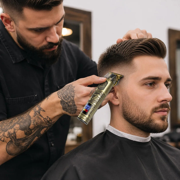 Men’s Professional Hair & Beard Trimmer – Cordless Contour Clipper with LED Display, USB-C Rechargeable Razor.