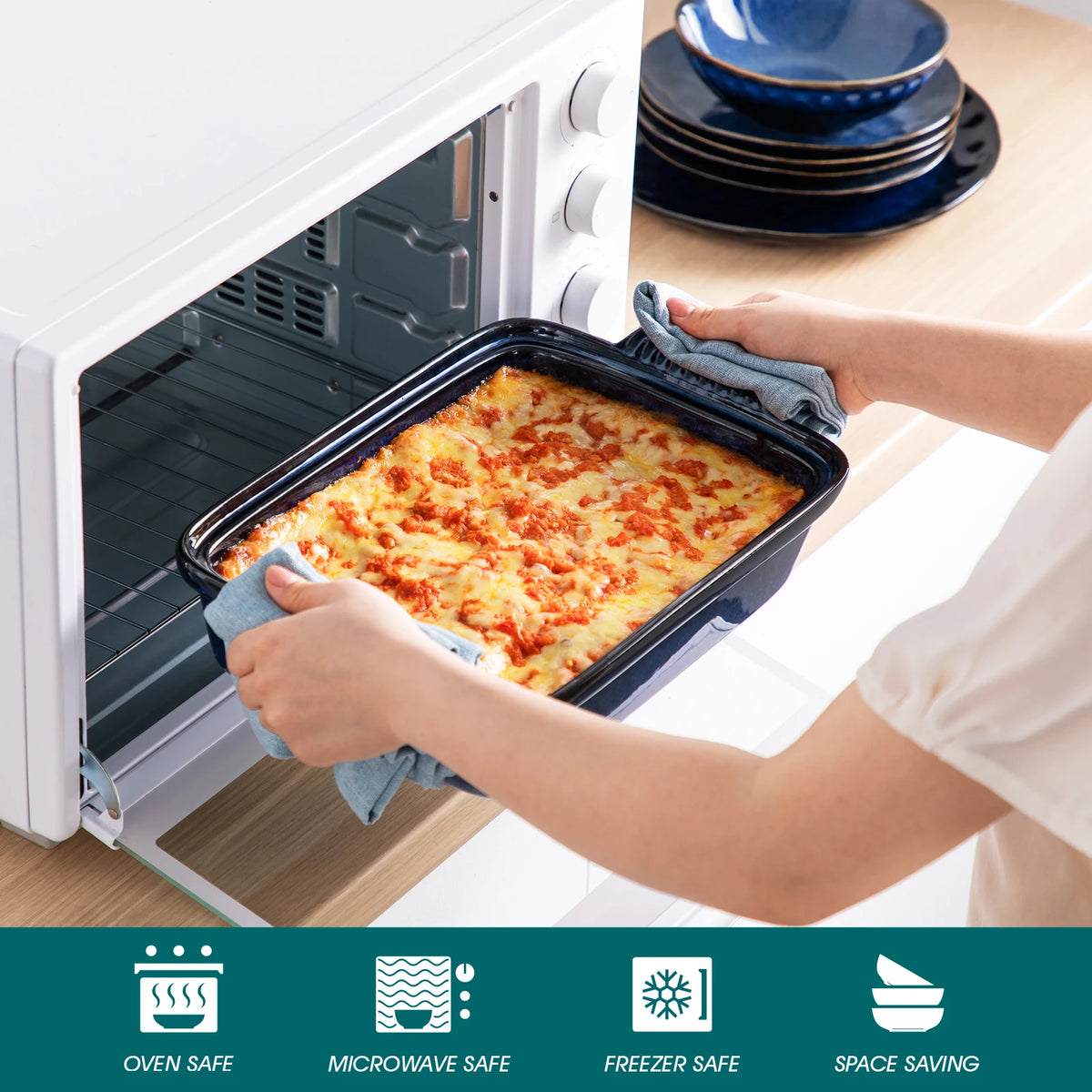 Large Blue Stoneware Casserole Dish with Lid – Oven & Microwave Safe Lasagna Baking Pan for Roasting, Baking & Serving