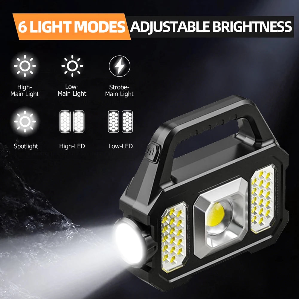 Solar Rechargeable LED Flashlight – COB Floodlight, Waterproof Tactical Torch with USB Charging.
