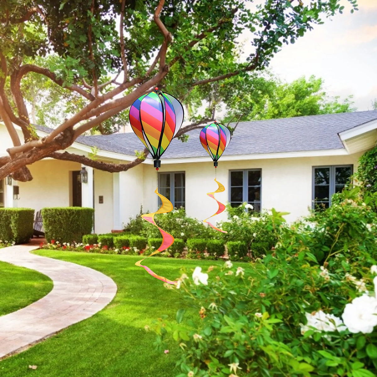 Rainbow Hot Air Balloon Wind Spinner – Kinetic Hanging Garden Decoration.