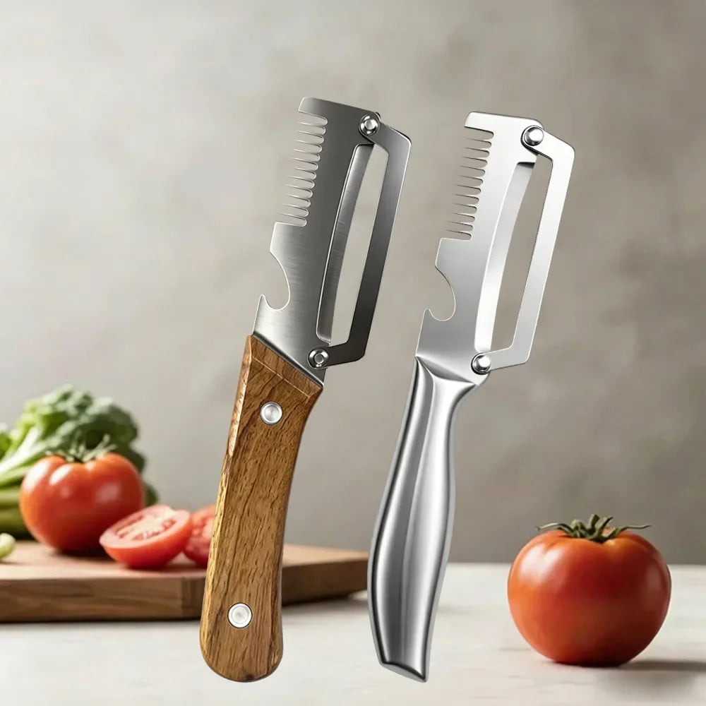 Multi-Function Vegetable Peeler – Stainless Steel Blade Kitchen Peeler with Wooden/Steel Handle & Bottle Opener.