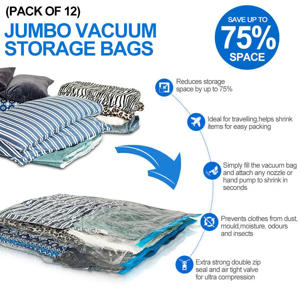 12-Pack Strong Vacuum Storage Bags – Space-Saving Large Clothes & Organiser Bags.